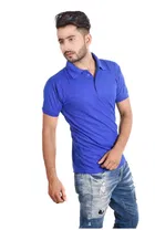 Poly Cotton Solid Polo Neck T-Shirt for Men, Royal Blue 