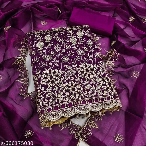 Georgette Punjabi/All Over Suits for Women, Floral Embroidered (Purple, 5.85 meter (S)) (Multicolor, 5.85 meter (S)