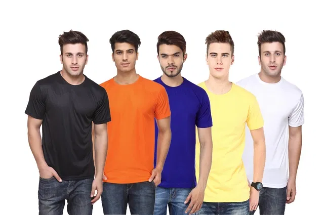 Round Neck Solid Polyester T-shirts for Men, Pack of 5 (Multi, XL)