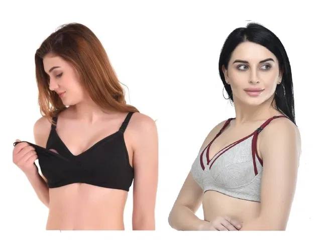 Cotton Blend Solid Non Padded Feeding Bras for Women (Multicolor, 2XL) (Pack of 2)