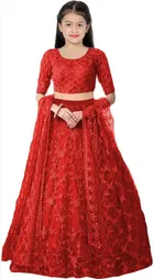 Net Embroidered Semi Stitched Lehenga for Girls 