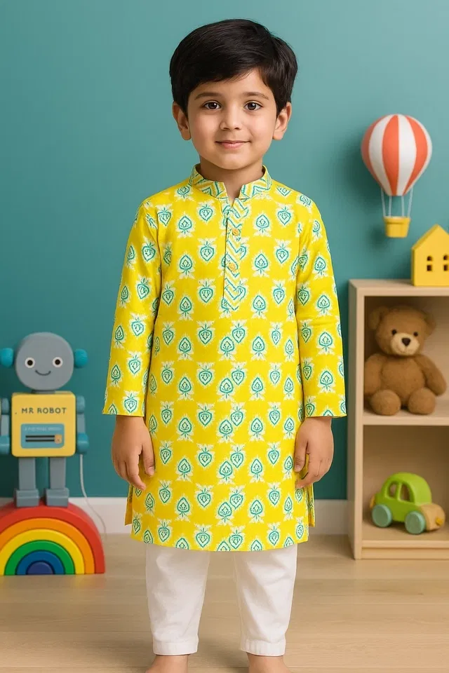 Cotton Blend Printed Kurta with Payjama for Boys, Yellow (4-5 Years)