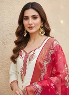 Cotton Silk Embellished Unstitched Suits Fabric for Women, White & Red