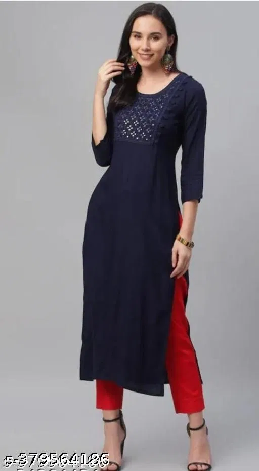 Rayon Printed Kurti for Women, Navy Blue (L)