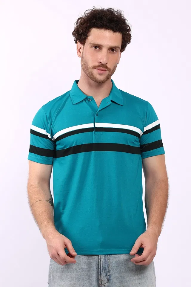 Striped Polo T-Shirt for Men (Blue, L)