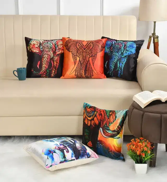 Polycotton Cushion Covers (Pack of 5) (Multicolor, 16x16 Inches)