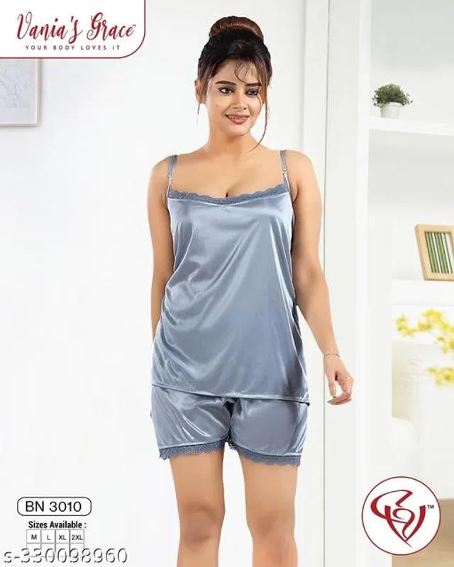 Satin Nightsuit for Women (Silver, L)