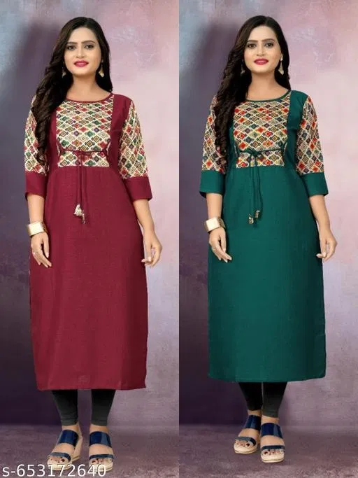 Solid Cotton Blend Kurti for Women, Pack of 2 (Green, XXL)