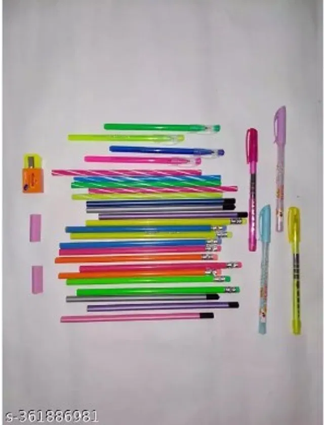 Posshe Writing Pencils (20 Pcs) with 8 Pcs Pens, Sharpener & 2 Pcs Erasers (Multicolor, Set of 4)