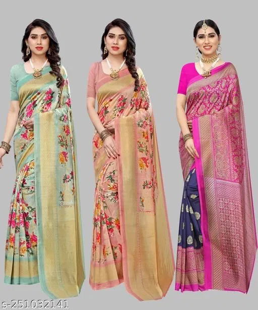 Art Silk Saree for Women, Pack of 3 (Orange, Free Size)