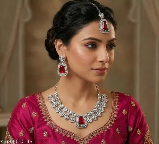 Silver Finish Necklace Set for Women (Pink, Free Size)