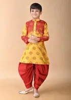 Dupion Silk Printed Kurta with Dhoti for Boys, Yellow & Red 