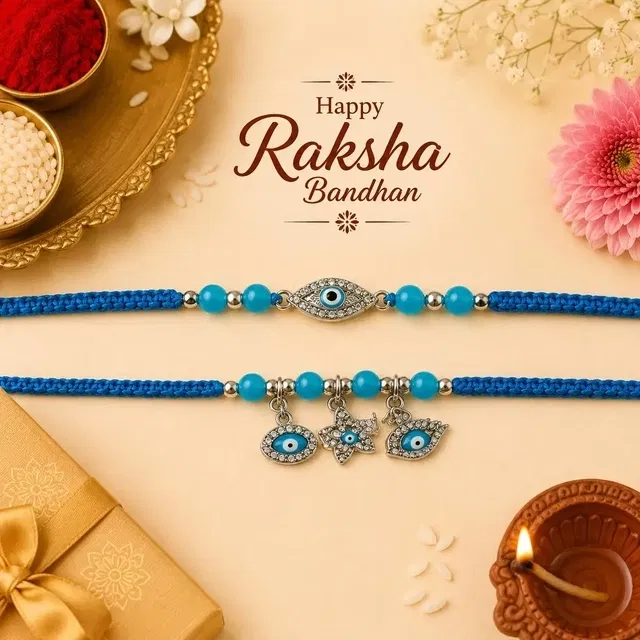 Premium Bhaiya Bhabhi Rakhi Set with Decorative Gift Box – Triple Evil Eye Design, Light Blue