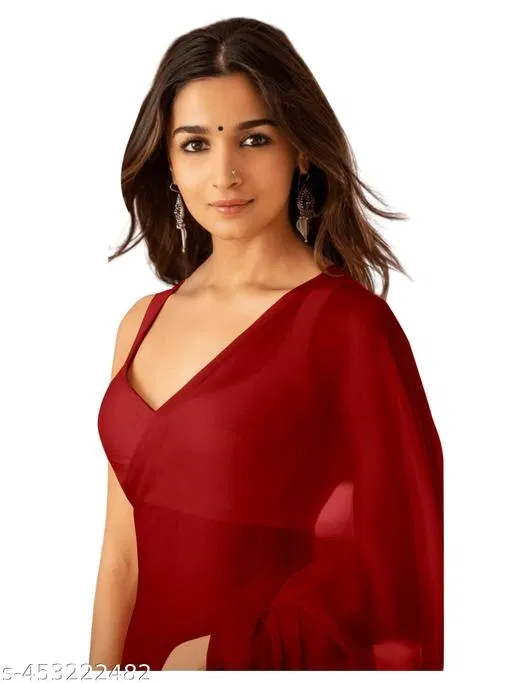 Plain Pure Georgette Alia Bhatt Saree for Women (Red, Free Size)