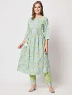 Cotton Printed Kurta with Pant for Women (Green, M)