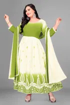 Jute Silk Ethnic Motif Gown with Dupatta for Women (Green & White, XXXL)