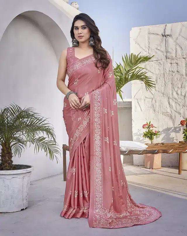 Chiffon Printed Saree for Women (Peach, 6 m)