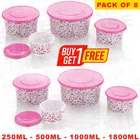Plastic Unbreakable Airtight Round Shape Printed Kitchen Storage Container (Pink, Set of 8)