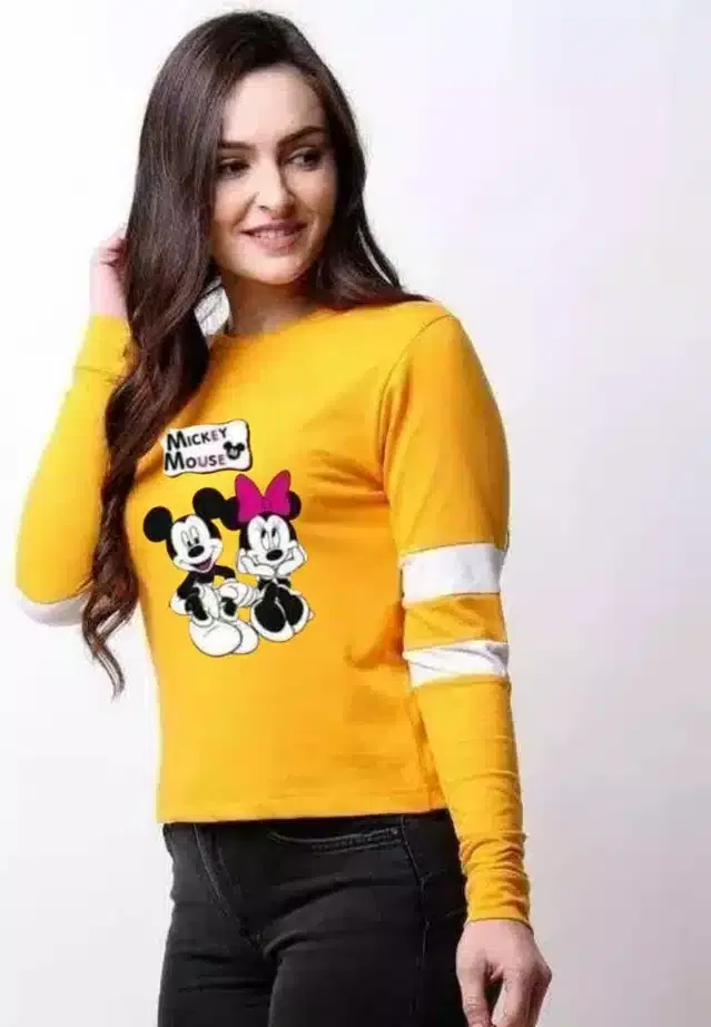 Printed Full Sleeve T-shirt for Women (Yellow, S)