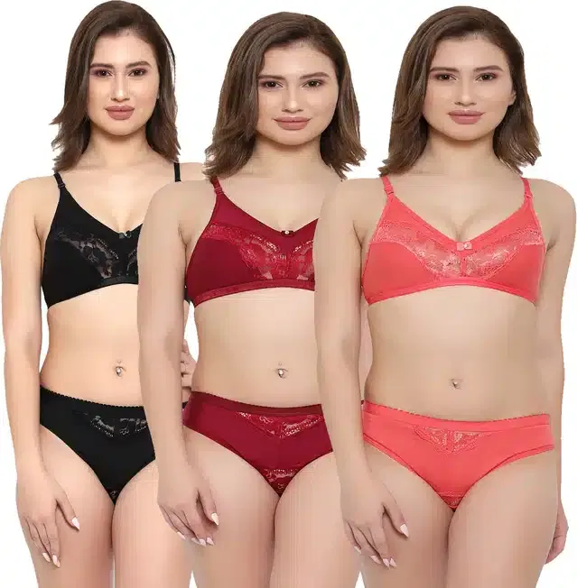 Silk Blend Lingerie Set for Women (Multicolor, 34) (Set of 3)
