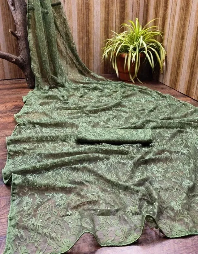 Net Solid Saree for Women (Olive, 6.3 m)