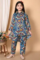 Rayon Printed Kurti with Pant for Girls (Teal, 1-2 Years)