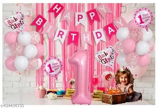 32 Pcs 1st Birthday Decoration Combo Kit for Girls, Multicolour, Set of 1