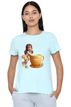 Cotton Blend Printed T-shirt for Women, Aqua Blue 