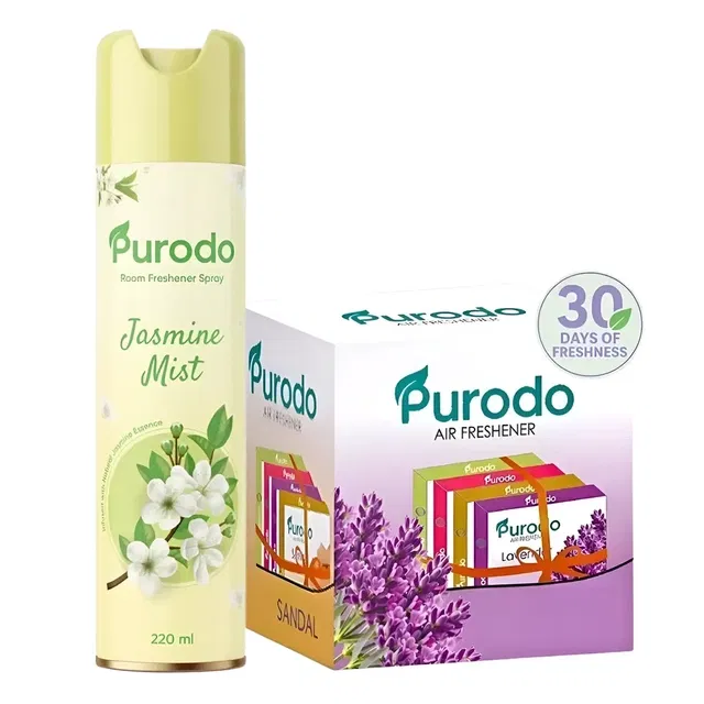 प्यूरोडो एयर फ्रेशनर स्प्रे 220ml जैस्मिन मिस्ट + एयर फ्रेशनर ब्लॉक्स -लैवेंडर,जैस्मिन,सैंडल&रोज 4 X50g