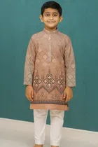 Cotton Blend Printed Kurta with Payjama for Boys, Brown & White 