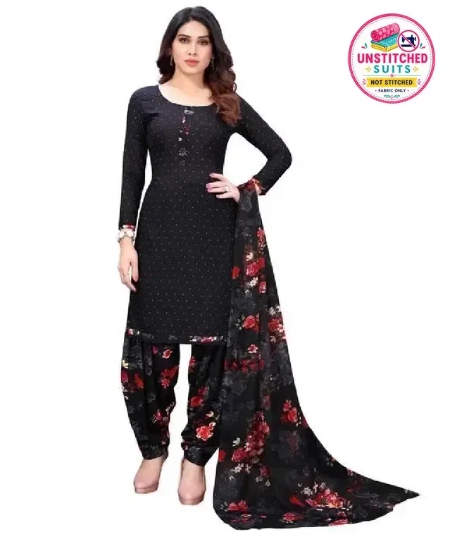 Crepe Polka Dots Unstitched Suits Fabric for Women (Black)