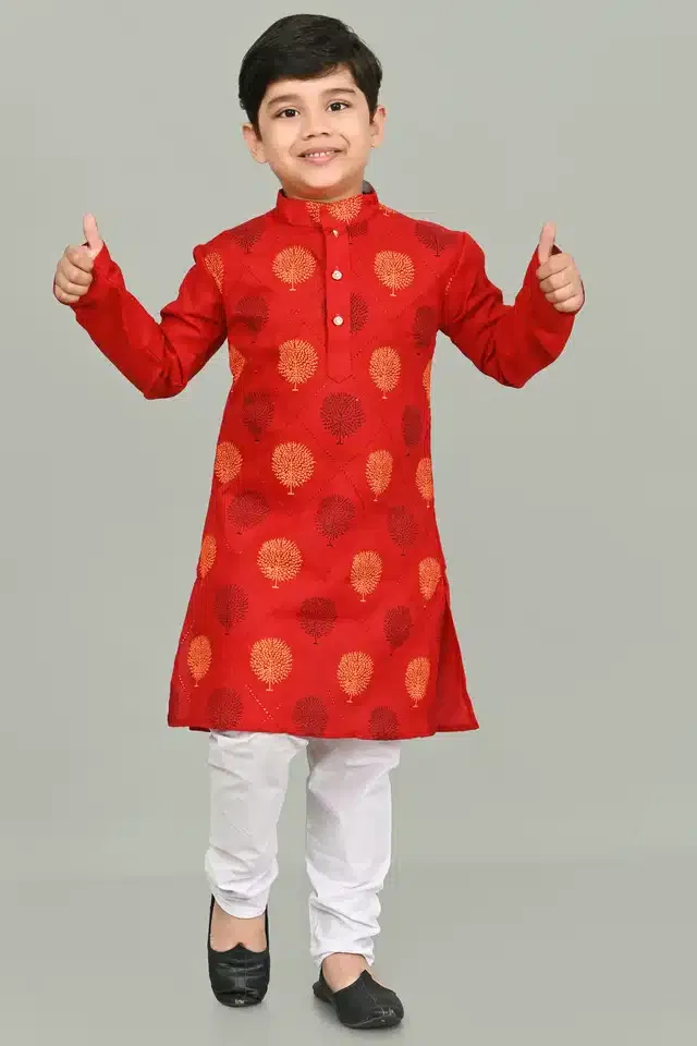 Printed Cotton Kurta and Pajama Set for Boys (Red, 1-2 years)