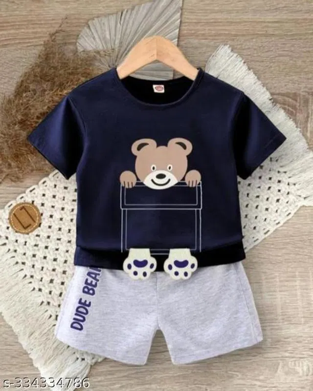 Hosiery Cotton Clothing Set for Kids (Navy Blue & Grey, 2-3 Years)