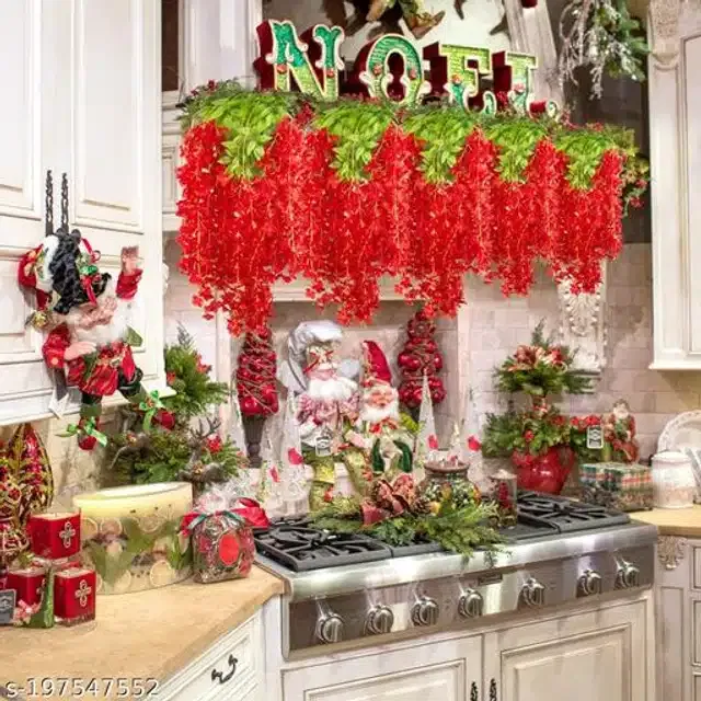 Polyester Artificial Hanging Flower Garlands (Red & Green, Pack of 4)