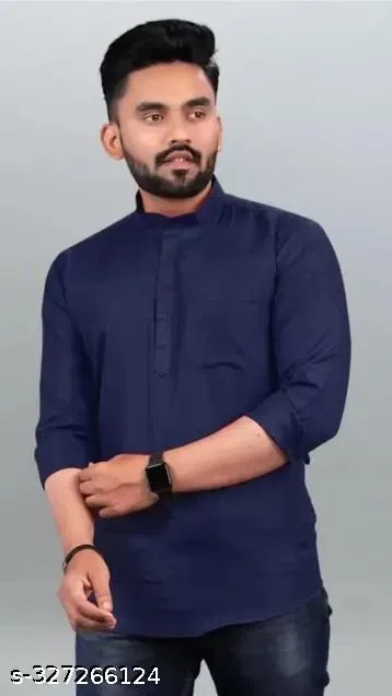 Cotton Blend Solid Short Kurta for Men, Navy Blue (XL)