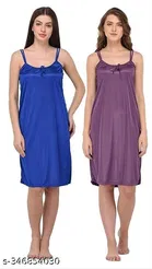 Satin Solid Nightdress for Women, Blue & Purple, Pack of 2 