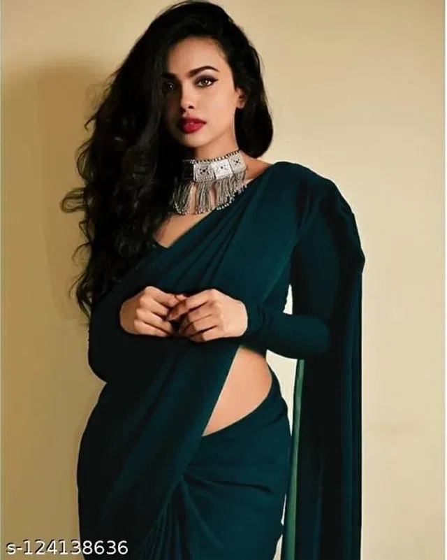 Georgette Solid Saree for Women (Teal, 6.3 m)