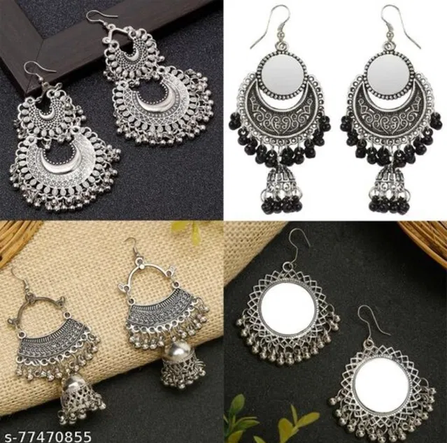 Designer Earrings for Women & Girls (Silver, Set of 4)
