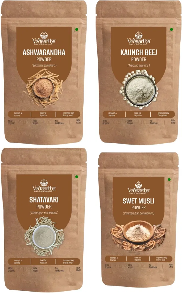 Vedaartha Ashwagandha, Swet Musli, Kaunch Seed, Shatavari Powder, Pack of 4 (200 g)