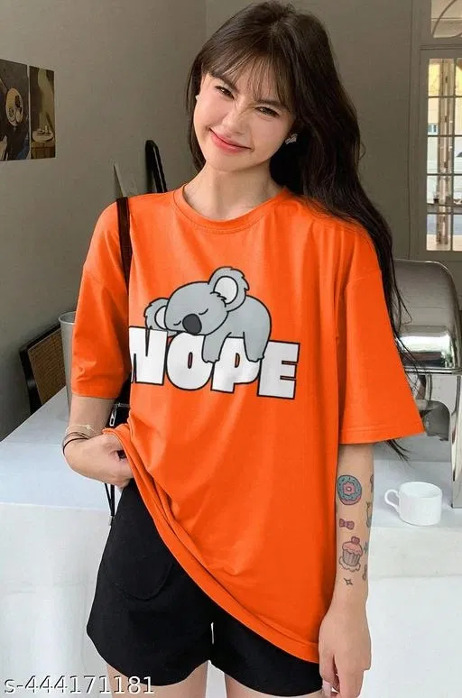 Cotton Blend Printed T-shirt for Women, Orange (XL)