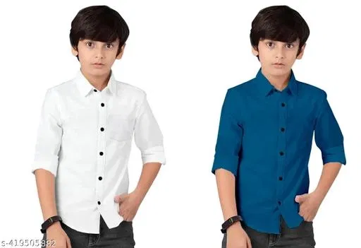 Solid Cotton Blend Long Sleeve Shirt for Boys, Pack of 2 (Teal, 10-11 Years)