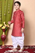 Dupion Silk Printed Kurta with Dhoti for Boys, Maroon & White 