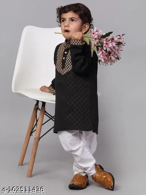 Cotton Kurta with Pyjama for Boys (Black & White, 4-5 Years)