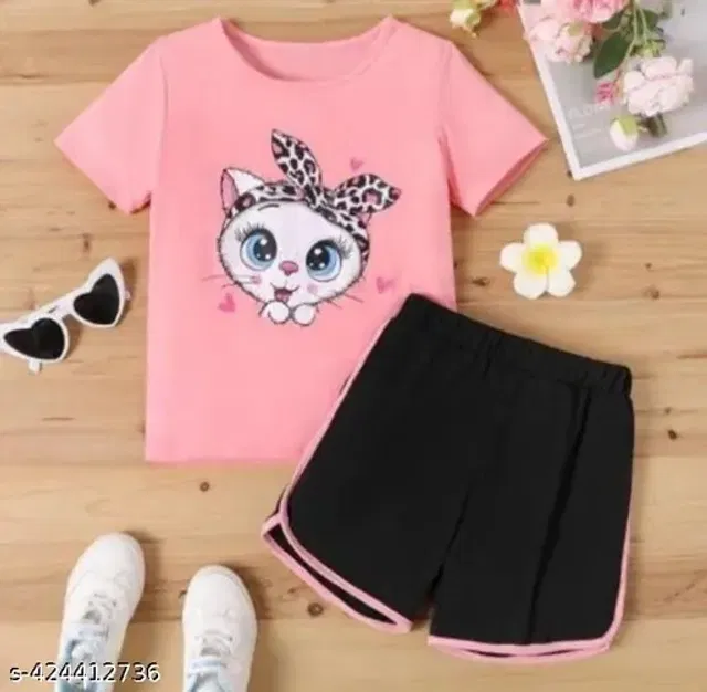 Cotton Blend Clothing Set for Girls (Pink & Black, 3-4 Years)