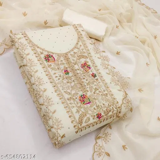 Georgette Punjabi/All Over Suits Semi-Stitched Suits (White, 6.05 meter for Women (M)