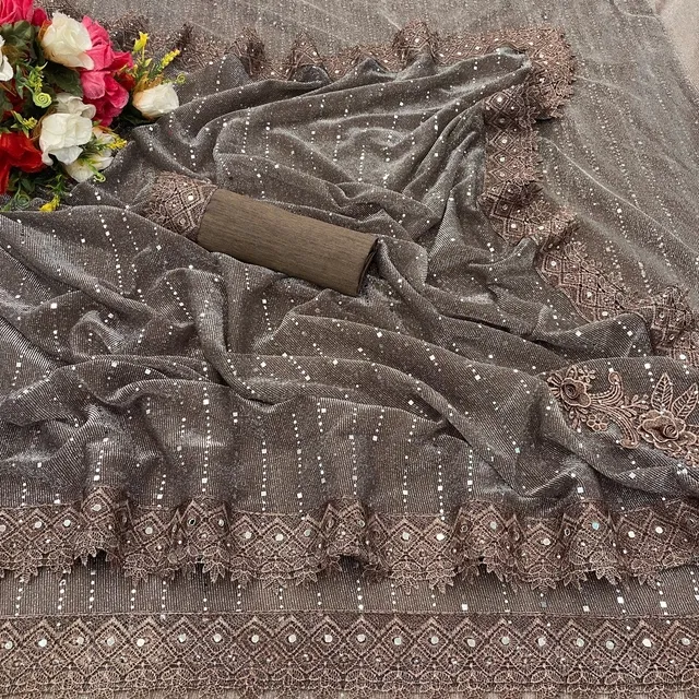 Lycra Blend Embellished Saree for Women (Brown, 6.3 m)
