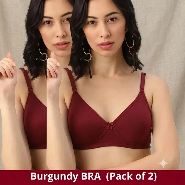 Solid Cotton Everyday Bra for Women, Pack of 2 (Maroon, 32F)