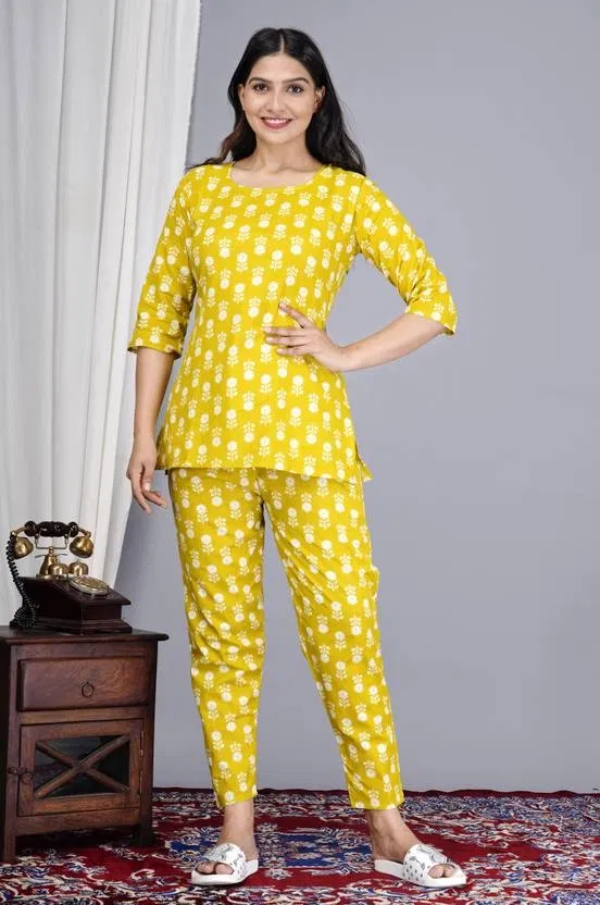 Women's Yellow Cotton Printed Night Suit Top and Pyjama Co-ord Sets (L)