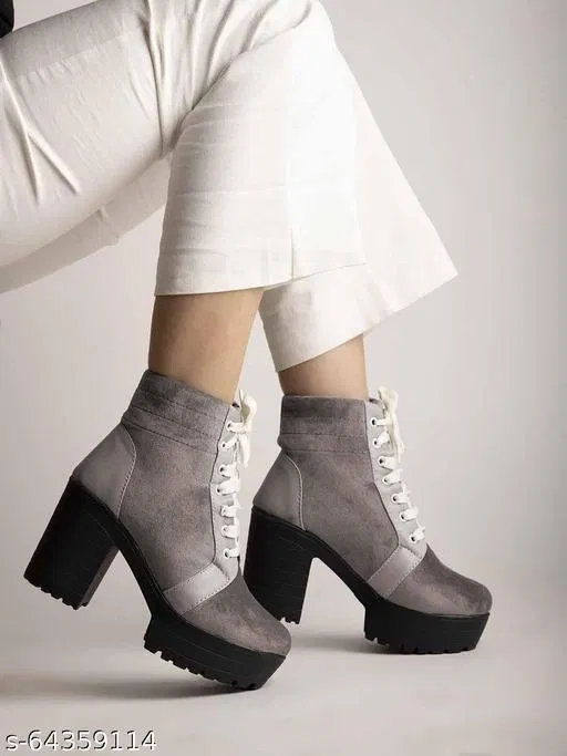 Shoetopia Solid Suede Block Boots Grey (IND-8)