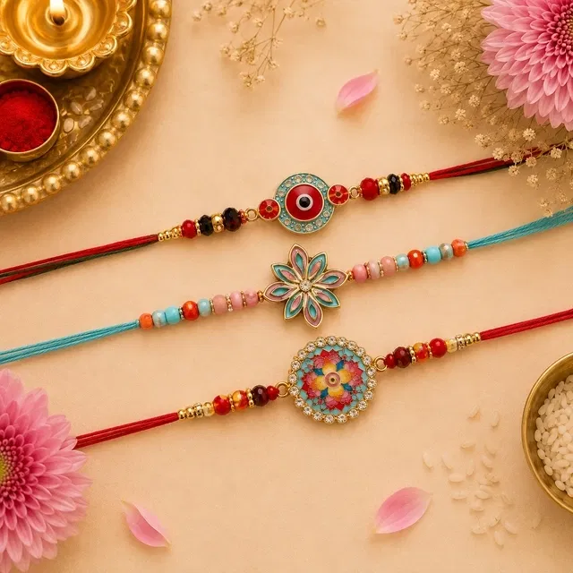 Red Evil Eye, Star & Flower Rakhi for Brother